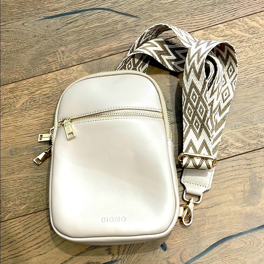 Tan Crossbody Bag Adjustable Decorative Strap Pockets Gold Hardware